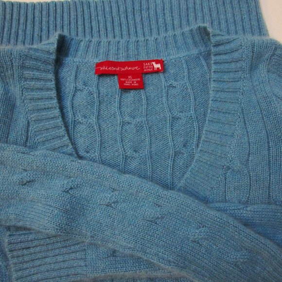 CASHMERE Cable Pullover Skinny Knit Sweater Blue V Neck Cuddly Fuzzy - Picture 4 of 10